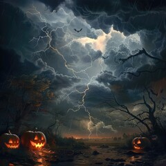Poster - A dark and stormy Halloween sky with thunderclouds, lightning strikes, and distant screams. 