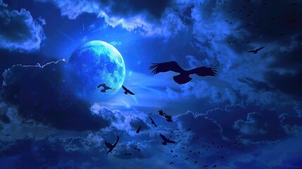 Poster - A hauntingly beautiful Halloween sky with dark clouds, a deep blue moon, and a murder of crows flying by. 