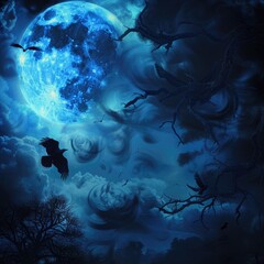 Poster - A hauntingly beautiful Halloween sky with dark clouds, a deep blue moon, and a murder of crows flying by. 