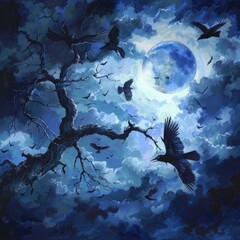 Poster - A hauntingly beautiful Halloween sky with dark clouds, a deep blue moon, and a murder of crows flying by.