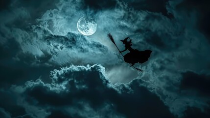 Poster - A dark, foreboding sky with storm clouds, a full moon, and the silhouette of a witch on a broomstick. 