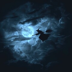 Poster - A dark, foreboding sky with storm clouds, a full moon, and the silhouette of a witch on a broomstick. 