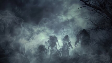 Poster - A ghostly Halloween sky with misty clouds, shadowy figures, and distant howls echoing in the night. 