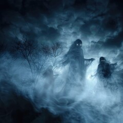 Poster - A ghostly Halloween sky with misty clouds, shadowy figures, and distant howls echoing in the night. 
