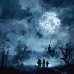 Poster - A ghostly Halloween sky with misty clouds, shadowy figures, and distant howls echoing in the night. 