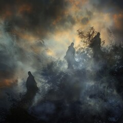 Poster - A ghostly Halloween sky with misty clouds, shadowy figures, and distant howls echoing in the night.