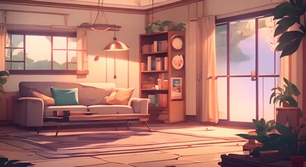 Wall Mural - Starting Soon screen overlay loop animated virtual backgrounds cozy lo fi living room at rainstorm obs asset anime manga style Dynamic Camera Movement v3 4k animation