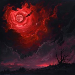 Poster - An eerie sky with a blood-red moon and swirling clouds, casting a sinister glow over a haunted landscape. 