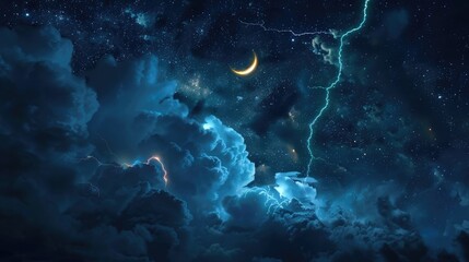 Poster - A spooky night sky with ominous storm clouds, a crescent moon, and lightning illuminating the darkness. 