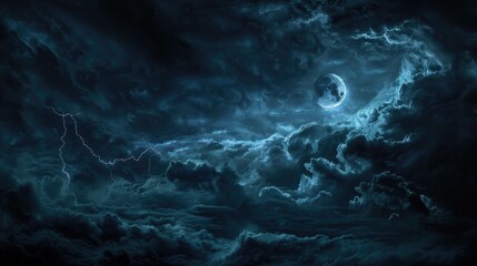 Poster - A spooky night sky with ominous storm clouds, a crescent moon, and lightning illuminating the darkness. 