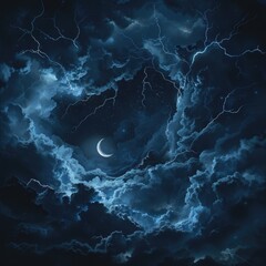 Poster - A spooky night sky with ominous storm clouds, a crescent moon, and lightning illuminating the darkness. 