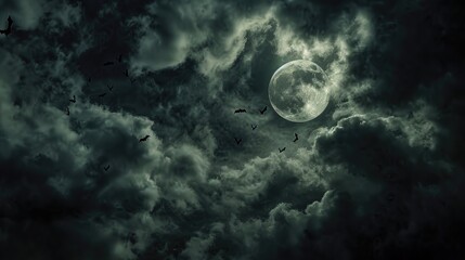 Poster - A dark and eerie sky with a full moon surrounded by thick, ghostly clouds and bats flying across.