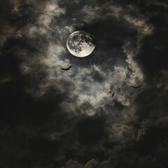 Poster - A dark and eerie sky with a full moon surrounded by thick, ghostly clouds and bats flying across. 