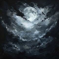 Poster - A dark and eerie sky with a full moon surrounded by thick, ghostly clouds and bats flying across.