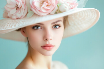 Canvas Print - A woman wearing a white hat with pink flowers on it.