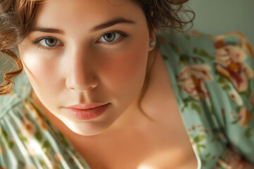 Poster - A close up of a woman with blue eyes looking at the camera