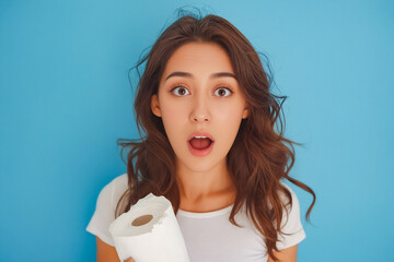 Poster - A woman holding a roll of toilet paper in front of her face