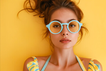 Canvas Print - A woman wearing a yellow and blue striped dress and blue glasses