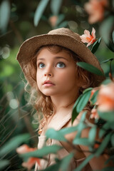 Canvas Print - A little girl wearing a straw hat looking up at the sky.