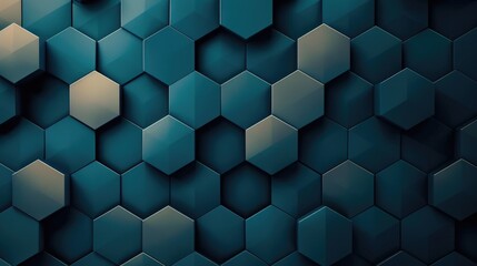 Poster - A sleek abstract PC wallpaper with interlocking hexagonal patterns in a gradient of teal to dark blue, highlighted by subtle light effects.