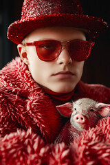 Poster - A woman in a red hat and sunglasses holding a small pig