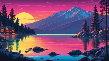 Wall Mural - lake tahoe usa retro neon