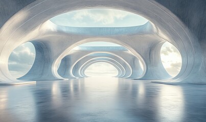 Wall Mural - 3d render of abstract futuristic architecture with empty concrete floor. Scene for car presentation, Generative AI