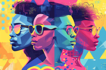 Poster - Vibrant modern artwork featuring multiple faces wearing sunglasses, showcasing contemporary style and individuality in bold, colorful patterns.