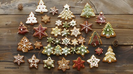 Wall Mural - Festive Christmas Tree Made of Assorted Cookies on Blue Background, Top View