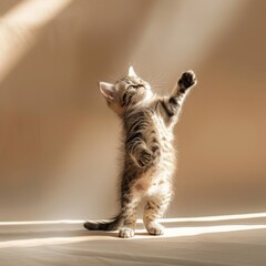 Sticker - Medium shot of A cute kitten standing on its hind legs, with paws raised, with soft 