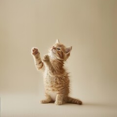 Wall Mural - Medium shot of A cute kitten standing on its hind legs, with paws raised, with soft 