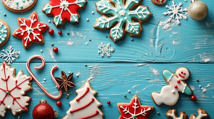 Wall Mural - Festive Christmas Cookie Delights on a Vibrant Blue Wooden Background