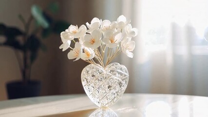 Wall Mural - heart-shaped flower arrangement on white table with blurred background