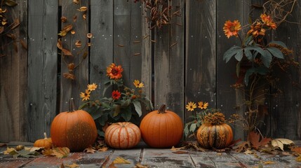 Wall Mural - Pumpkins leaves and flowers on rustic backdrop