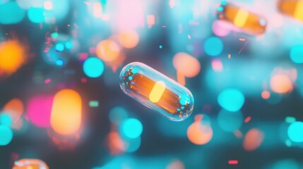 Poster - Capsules drift gently through a vibrant display of bokeh lights, creating a whimsical and enchanting ambiance