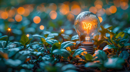 Poster - A light bulb glowing amidst lush green leaves with dew, featuring a bokeh effect in the background. Concept of green energy and sustainability
