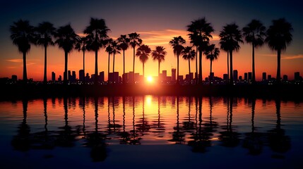 Sticker - Sunset Cityscape: Palm Trees Silhouette Against Vibrant Sunset Sky Over City Skyline Reflected in Water