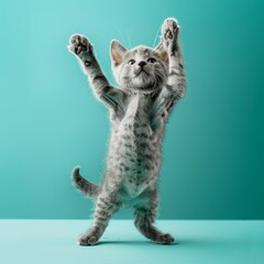 Sticker - Medium shot of A cute kitten standing on its hind legs, with paws raised, with soft 