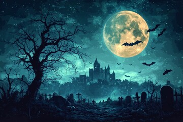 Poster - Spooky Halloween Night: Graveyard to Castle with Full Moon, Bats, and Dark Trees