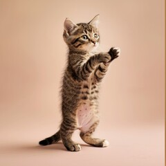 Wall Mural - Medium shot of A cute kitten standing on its hind legs, with paws raised, with soft 