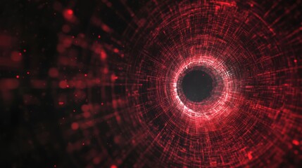 Poster - A captivating red digital wormhole tunnel draws viewers into an immersive, swirling vortex of light and color