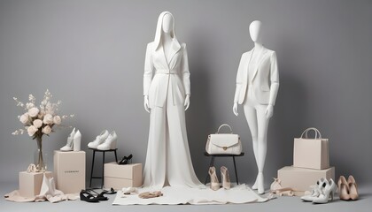 Two mannequins dressed in white clothing, one a dress and one a suit, stand in a shop display with shoes and accessories around them, representing fashion, style, and a bridal shop.