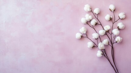 Poster - Cotton branches elegantly arranged on a soft lavender backdrop create a serene ambiance