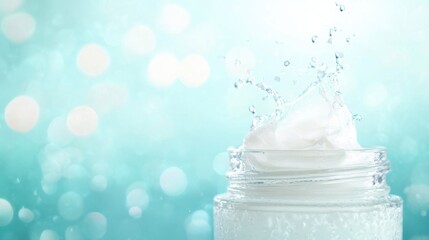 Poster - Cream splashes dramatically from a jar against a soft blue background, capturing a moment of freshness and vibrancy