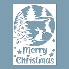 Wall Mural - Merry Christmas card Laser cut template with Christmas tree and bunnies.