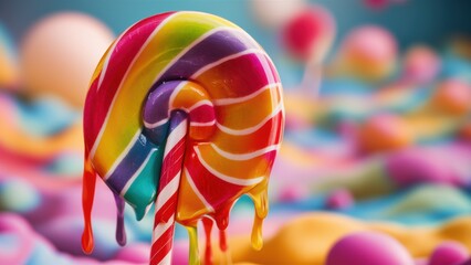 Wall Mural - A colorful candy covered lollipop with a rainbow colored drizzle, AI