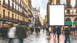© The Little Hut - Blank advertising billboard mockup in a busy madrid city square with blurred pedestrians and historical architecture : Generative AI