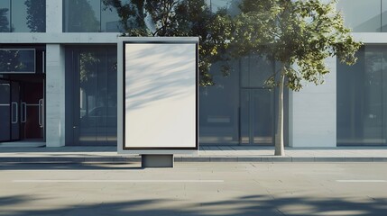Poster - Blank White Bus Stop Vertical Billboard Mockup In Front Of An Empty Street Outdoor Advertising Lightbox On The Sidewalk : Generative AI