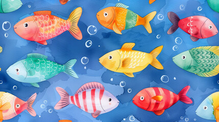 Wall Mural - colorful fish swimming in vibrant blue water. a lively array of sea animals creating a cheerful unde