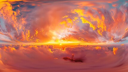 Poster - Golden glowing sunset sky panorama pink orange clouds Hdr seamless spherical equirectangular 360 panorama Sky dome or zenith for 3D visualization and sky replacement for aerial drone 3 : Generative AI